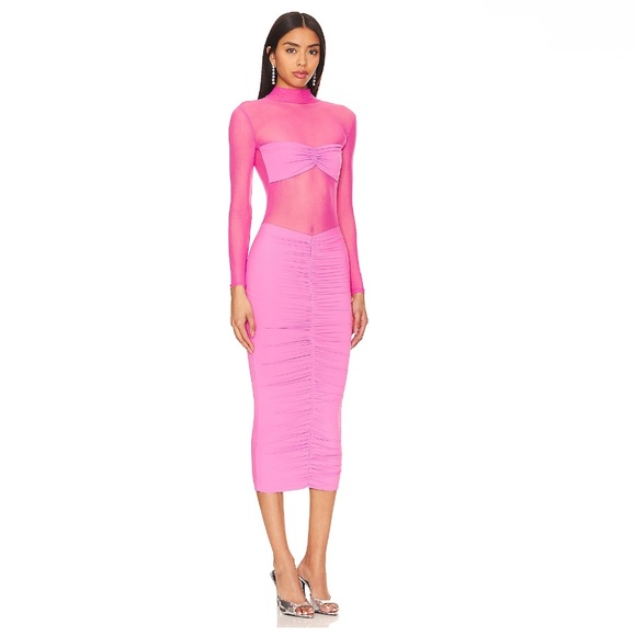 Ser.O.Ya Levina Mesh Sheer Ruched Dress in Malibu Pink size medium $278 MSRP - Picture 4 of 12